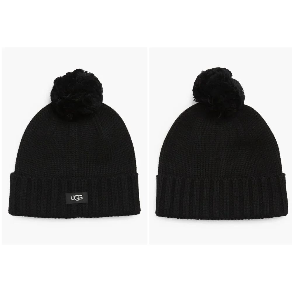 New $55 Women's UGG Knit Pompom Wool Blend Beanie in Black One Size